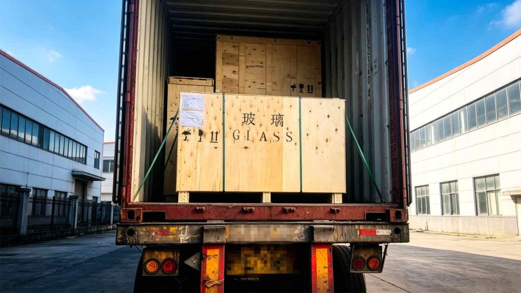 Fumigated wooden crates with glass parts inside 40HQ container for conservatory export